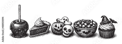 Engraved illustration of a Halloween candy apple, pie, pumpkin, ghost, skull, candy bowl, and cupcake isolated on a white background.