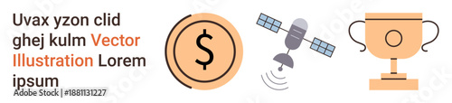 Finance, success, technology, achievement, communication, business strategy. Dollar coin, trophy cup and satellite icon. Finance and success through business visuals