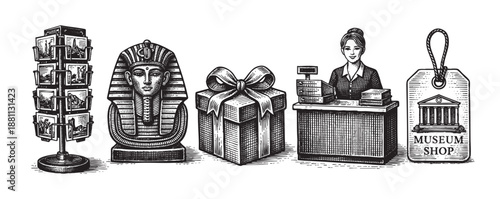 Black and white illustration showing museum shop souvenirs, including a postcard rack, pharaoh bust, gift box, saleswoman and museum shop tag.