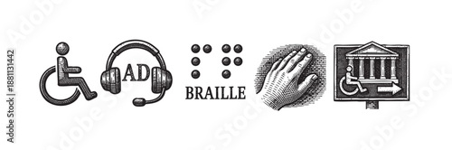 Diverse black and white accessibility symbols representing disability, including wheelchair access, hearing assistance, Braille, and accessible building entry, promoting inclusion awareness.