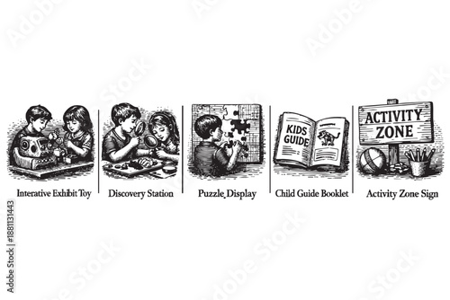 This image shows various kids activity elements rendered in black and white, including a puzzle display, activity zone sign, educational toys, and child guide, promoting playful learning.