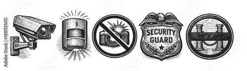 A set of black and white engraved style icons featuring security camera, motion sensor, security guard badge and VIP access. Isolated on white background.