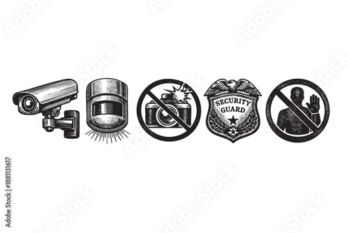 Collection of five hand drawn security related icons: surveillance camera, infrared sensor, no photography, security guard badge, and no entry on white.