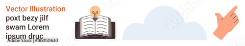 Education, innovation, learning, digital cloud storage, guidance, idea sharing. Open book with light bulb, cloud hand gesture. Education and innovation clearly