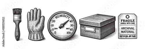 Detailed engraving illustration featuring archival box, fragile tag, humidity meter, glove, and paintbrush, creating a vintage, scientific, and historical mood.