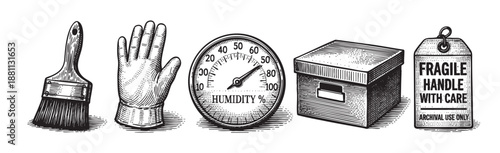 Engraved style illustration showcases a paint brush, protective glove, humidity gauge, box, and fragile tag, all in black and white on a white background.