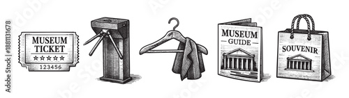 Illustration featuring a museum ticket, turnstile, coat on hanger, guide, and souvenir bag in black and white sketch style. Useful for any museum or cultural related concept.