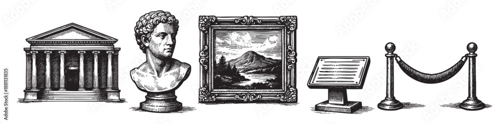 Fototapeta premium Hand drawn vector illustration featuring museum related items: sculpture bust, painting, display, and stanchions, in a clean, historical drawing style on white background.