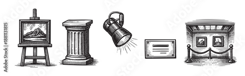 Hand drawn style vector illustration depicting an art gallery with paintings, easel, column, lighting and signage for any creative project.