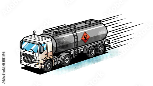 Speeding fuel tank truck with hazard sign in isometric comic style