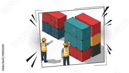Workers inspect stacked shipping containers in pop art style for logistics and transportation