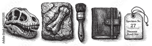 Engraving-style illustration of a dinosaur skull, fossil in rock, brush, field journal, and specimen tag on a white background, perfect for historical, scientific, or educational designs.