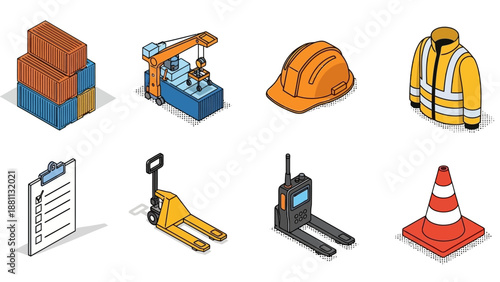 Isometric construction icons: equipment, safety, and tools set