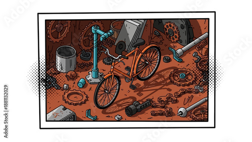 Vintage bicycle and tools in a steampunk junkyard scene with bold comic book style