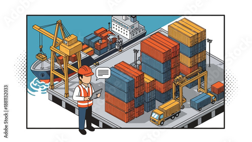 Industrial port with shipping container arrangement and worker checking logistics
