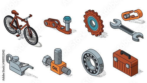 Isometric bicycle and mechanical components with tool set in retro style