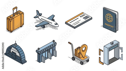 Travel icons set: isometric symbols of journey and adventure essentials
