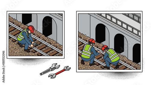 Construction workers maintaining railway tracks in comic style illustration