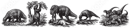 Black and white engraving of assorted dinosaurs feeding, grazing, and interacting with trees in a prehistoric landscape setting.