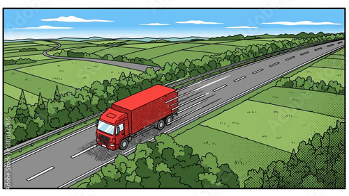 Red truck traveling on scenic highway through countryside landscape
