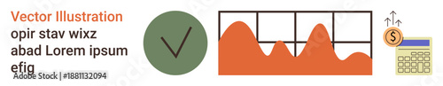Business growth, financial planning, analytics, investment strategy, decision making, data visualization. Includes a check mark, graph and calculator with dollar symbol. Financial planning
