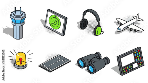 Isometric airport elements: control tower, radar, headphones, airplane, runway, binoculars, control panel, siren icon