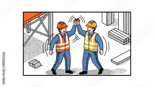 Construction workers high-fiving in comic style on building site
