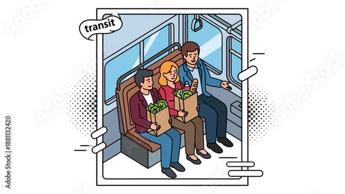 Public transportation journey: diverse passengers with groceries in retro comic style