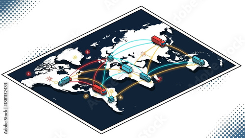 Global shipping network with trucks on isometric world map