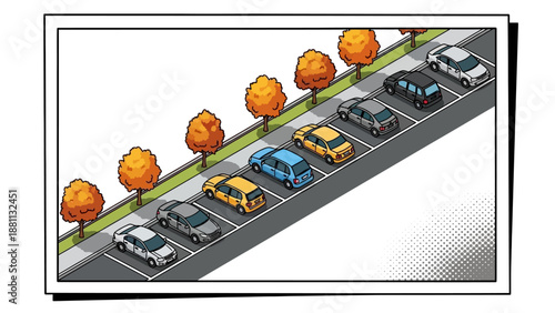 Isometric autumn parking lot scene with cars and trees