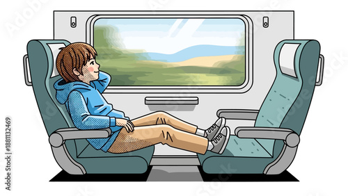 Relaxing train journey with scenic window view in cartoon style