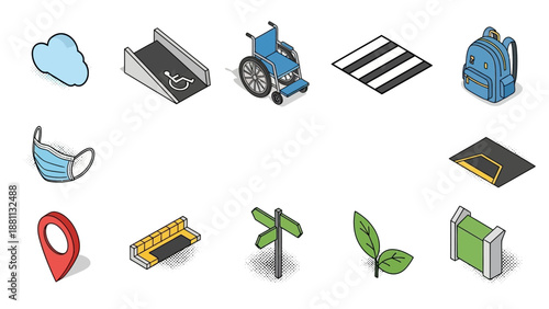 Accessible design icons: wheelchair, ramp, cloud, and more in isometric style