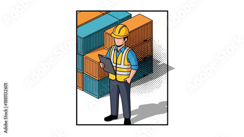 Cargo management concept with worker in safety gear overseeing containers