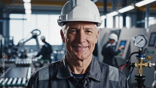 Wallpaper Mural Happy Engineer in Factory Smiling Confidently with Advanced Machinery and Team in Background Torontodigital.ca