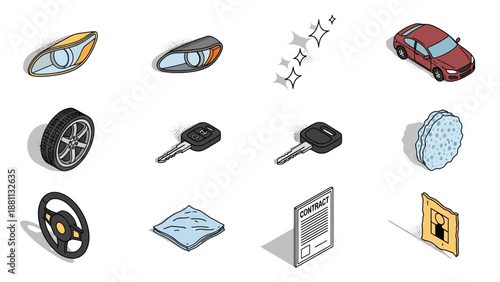 Isometric car accessories and maintenance elements in modern design
