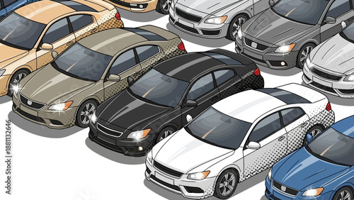 Colorful isometric cars with halftone patterns on white background