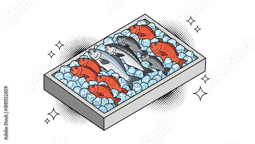 Fresh seafood tray with ice cubes and colorful fish in isometric style
