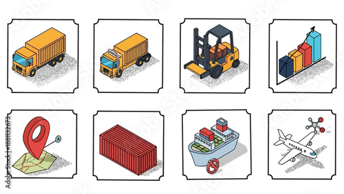 Isometric cargo logistics set with transport icons: trucks, forklift, shipping, and air freight