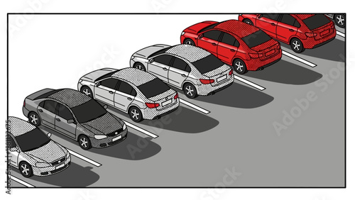 Comic style parking lot with parked cars in red and gray tones