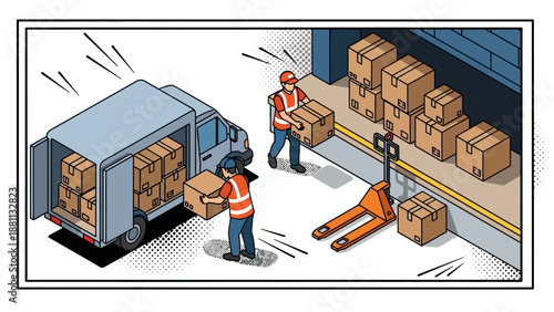 Warehouse workers unloading boxes from truck: efficient logistics in isometric style