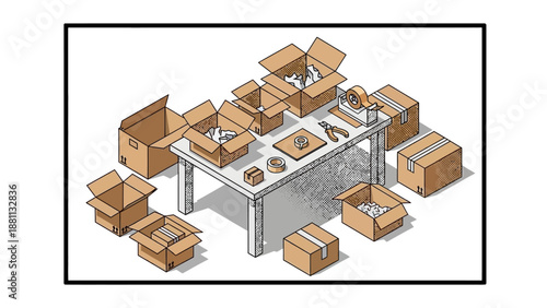 Organized packaging workspace with open cardboard boxes and tools