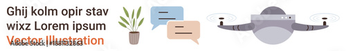 Technology communication, wireless connectivity, quadcopter delivery services, modern gadgets, remote interaction, online messaging. Speech bubbles, Quadcopter and plant displayed. Technology