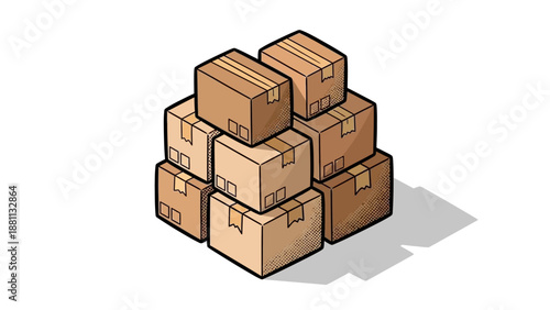 Stack of cardboard boxes in isometric style on white background