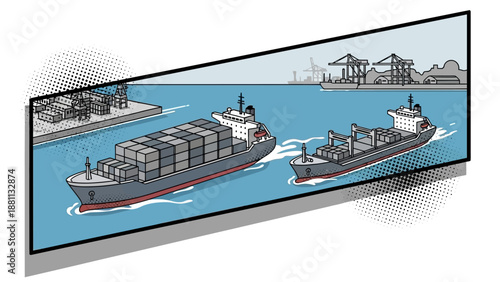 Shipping port scene with cargo ships and harbor facilities in retro style