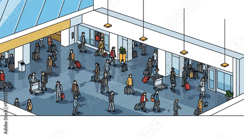 Busy airport terminal scene with travelers in isometric style