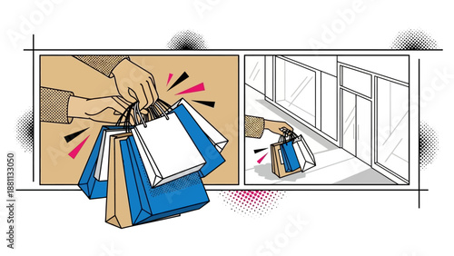 Pop art style shopping bags and storefront scene with comic book elements