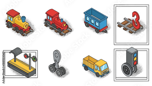 Isometric train set with tracks and accessories in retro style