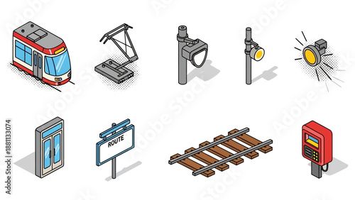 Isometric urban tramway icons set with railway tracks and signal lights