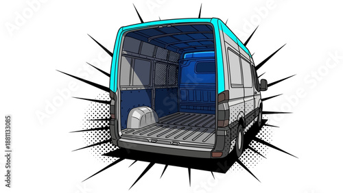 Comic style empty van interior with dynamic pop art elements