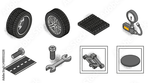 Isometric car tire and repair tools set for automotive maintenance